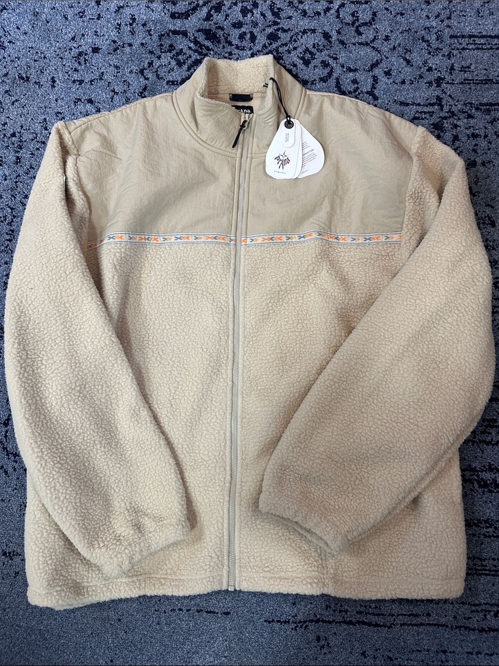 NWT PRANA Tan Sherpa Full-Zip Jacket with Patterned Chest Trim SIZE XL